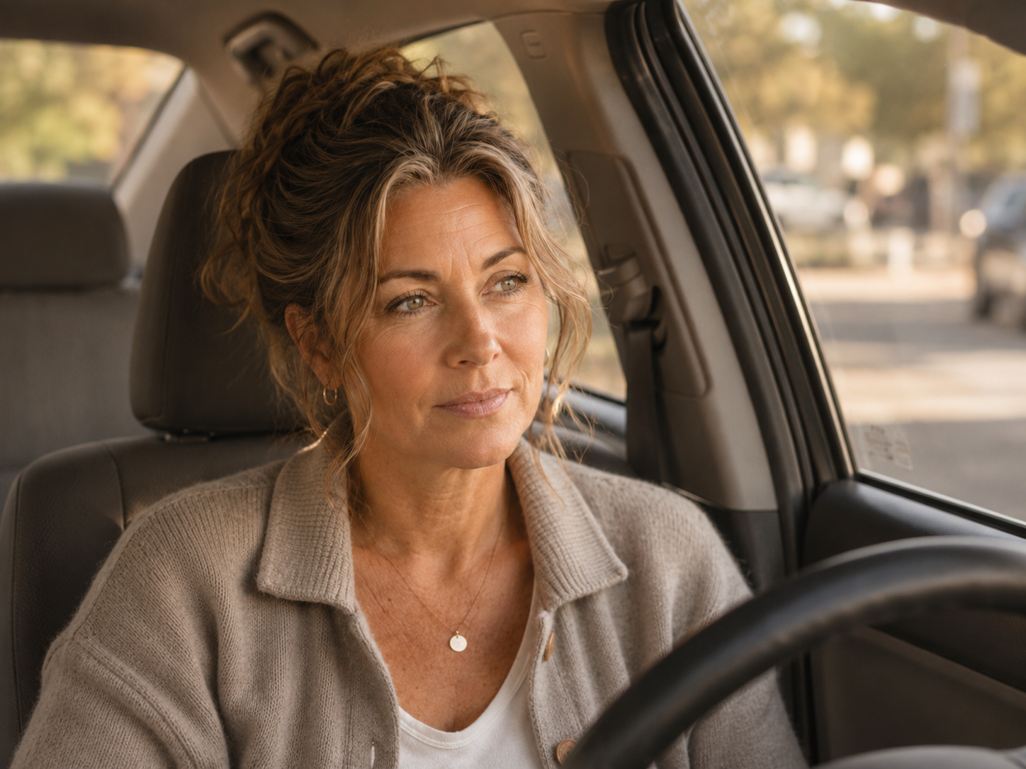 Lauren sitting quietly in a parked car before going inside, representing ADHD masking, emotional exhaustion and the need for transition time.