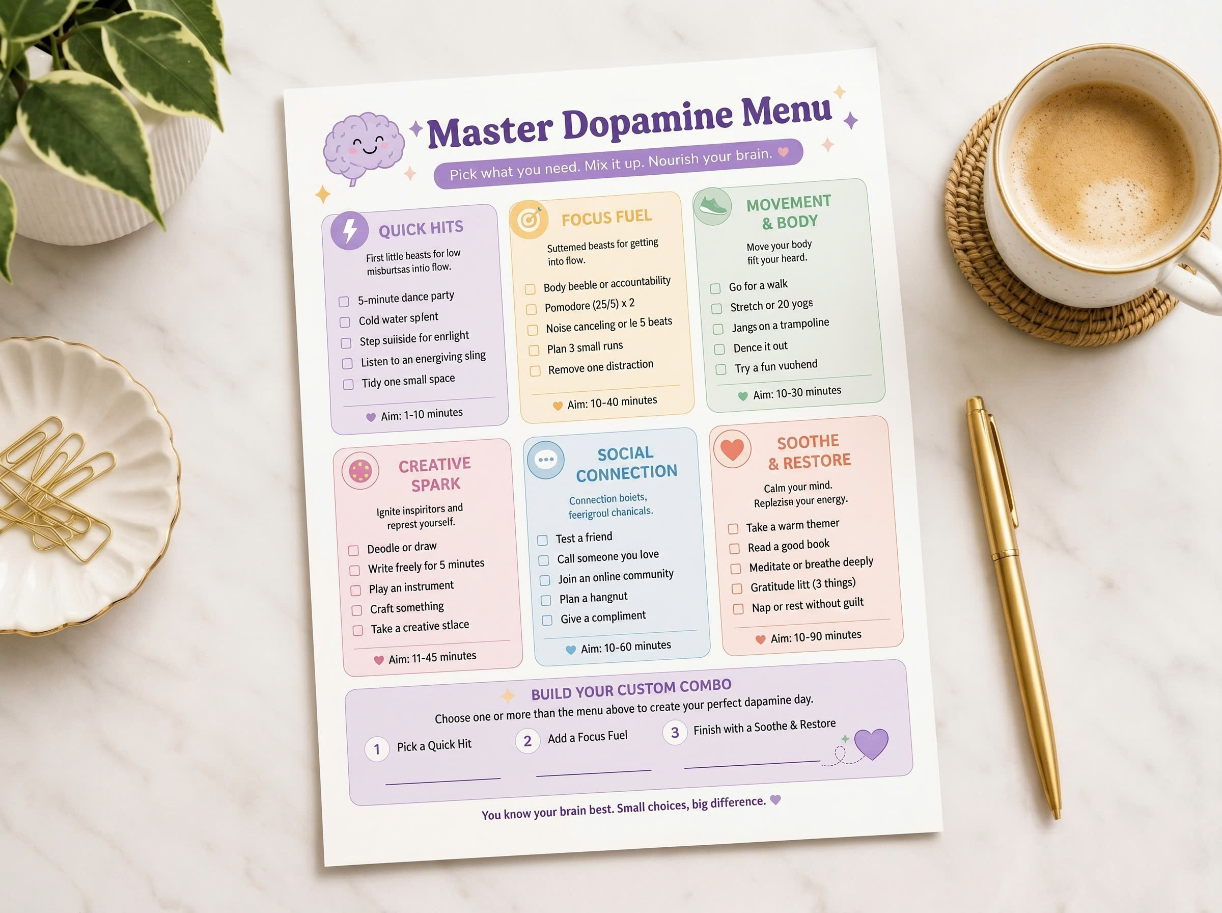 A page from the ADHD Dopamine Menu printable showing organized activity categories