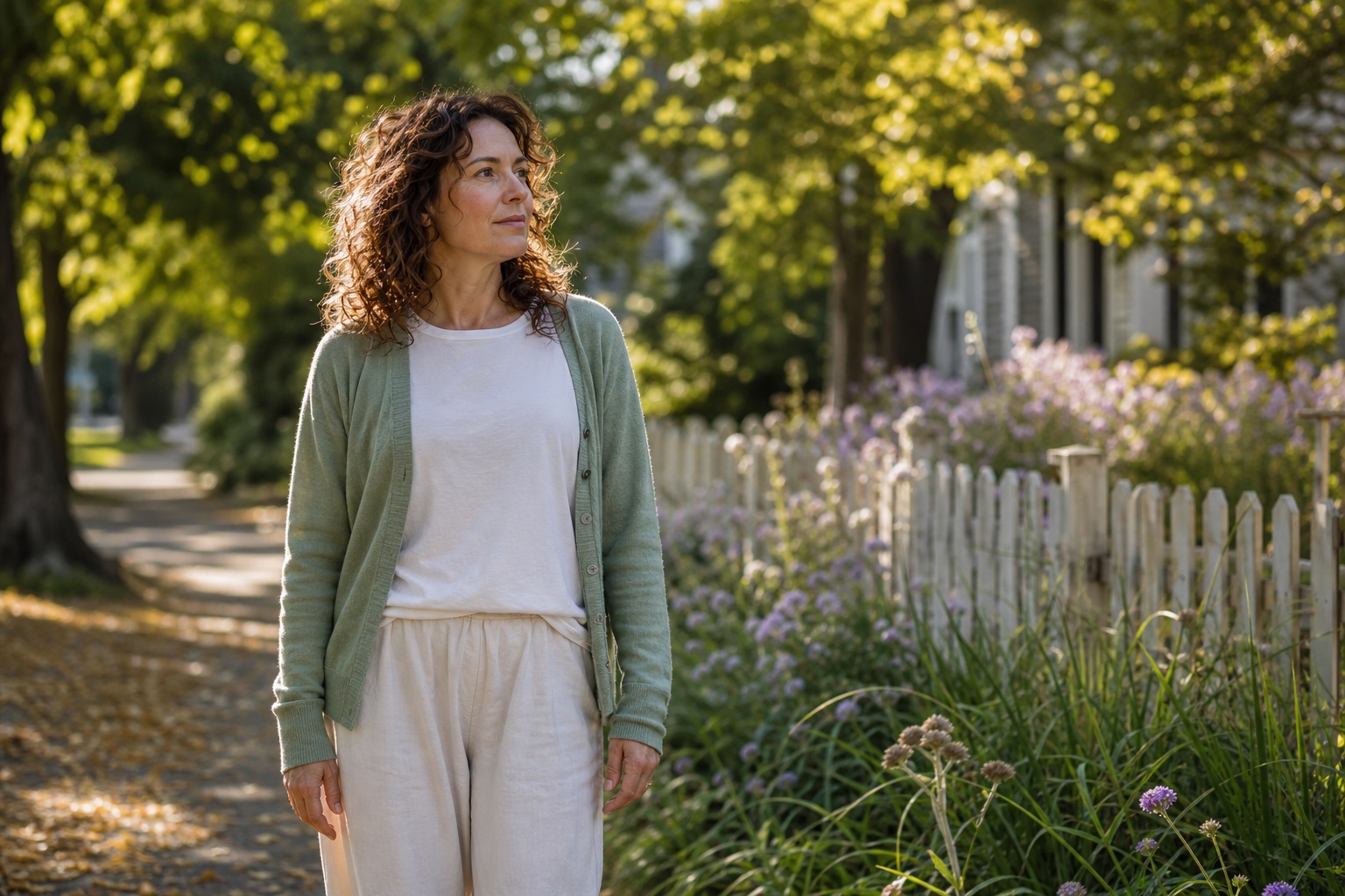 A woman taking a slow grounding walk on a quiet tree-lined street