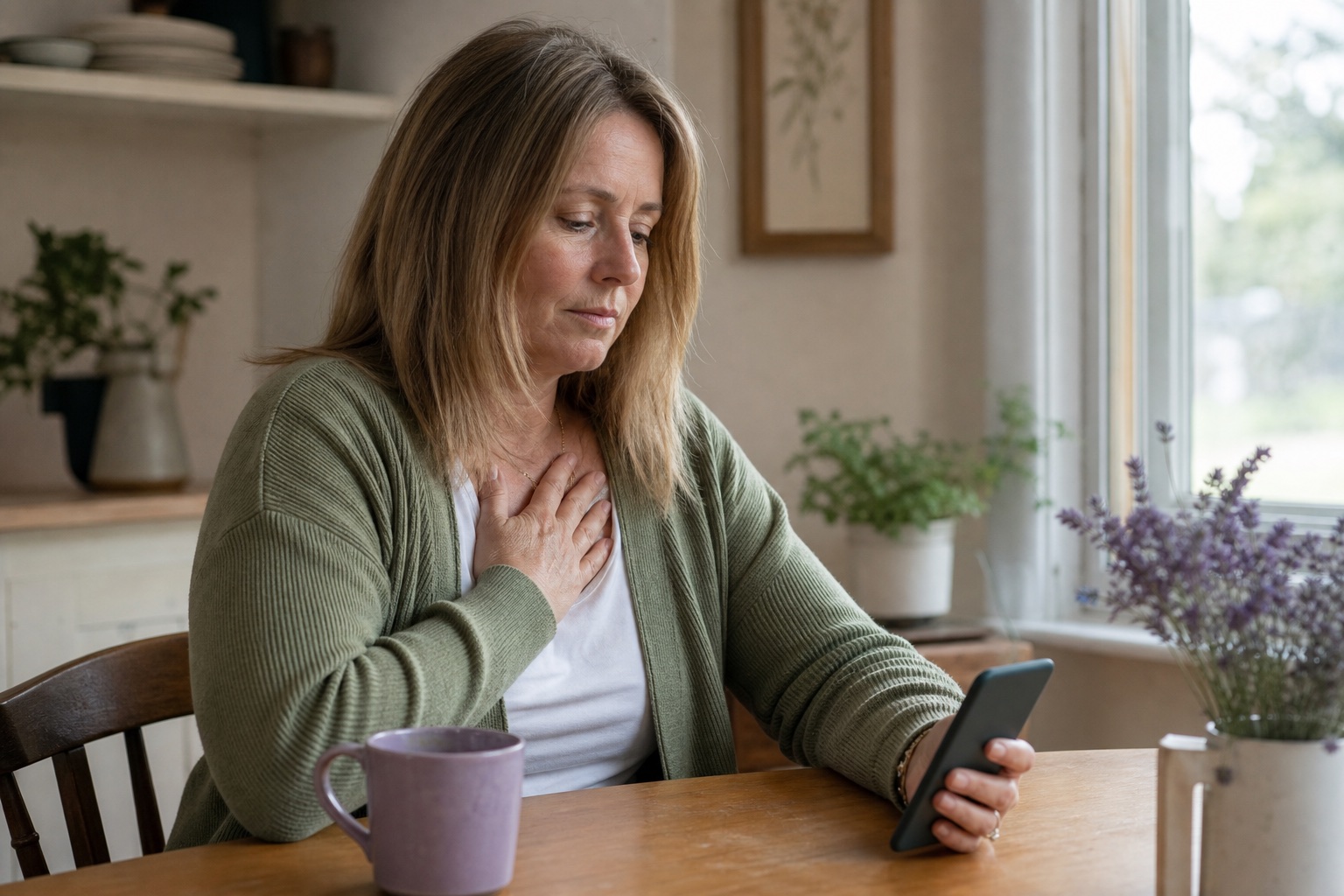 A woman pausing with her phone after an emotionally intense message