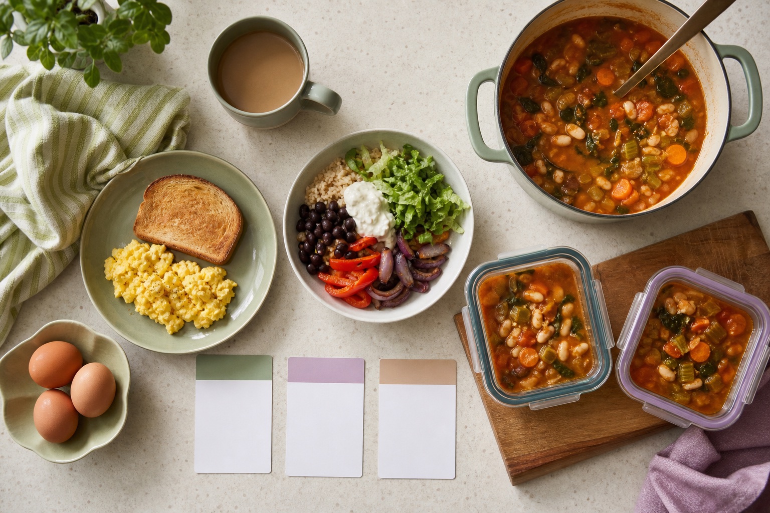 Three approachable meal options arranged by effort with reusable containers