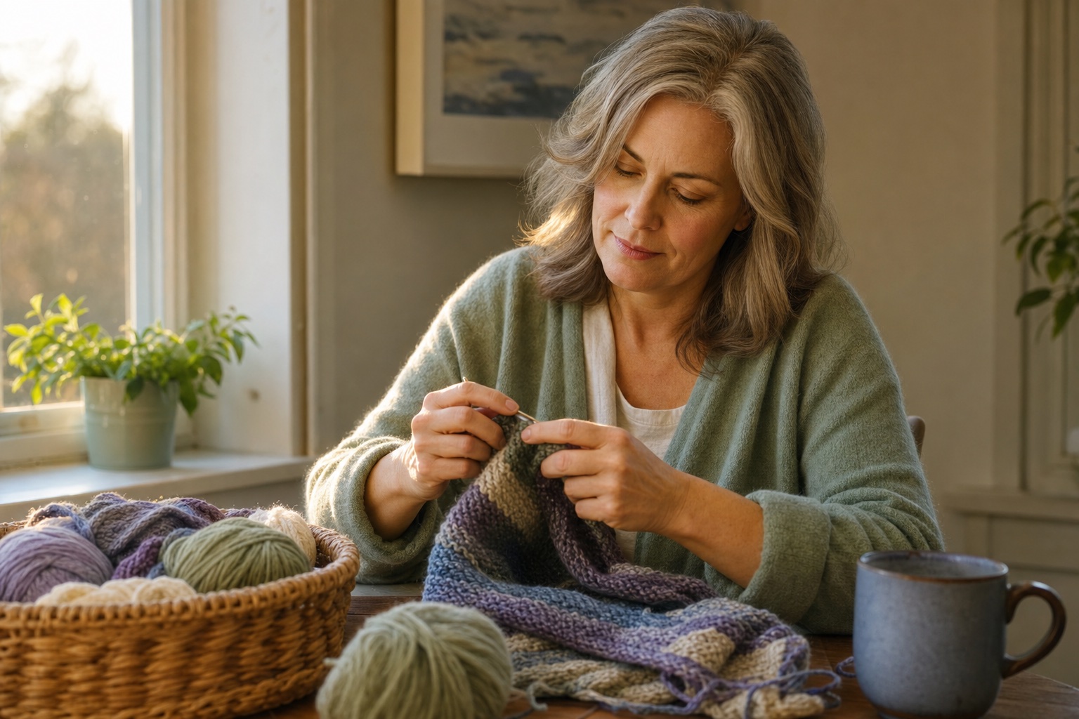 A woman quietly reconnecting with a favorite knitting hobby in warm window light