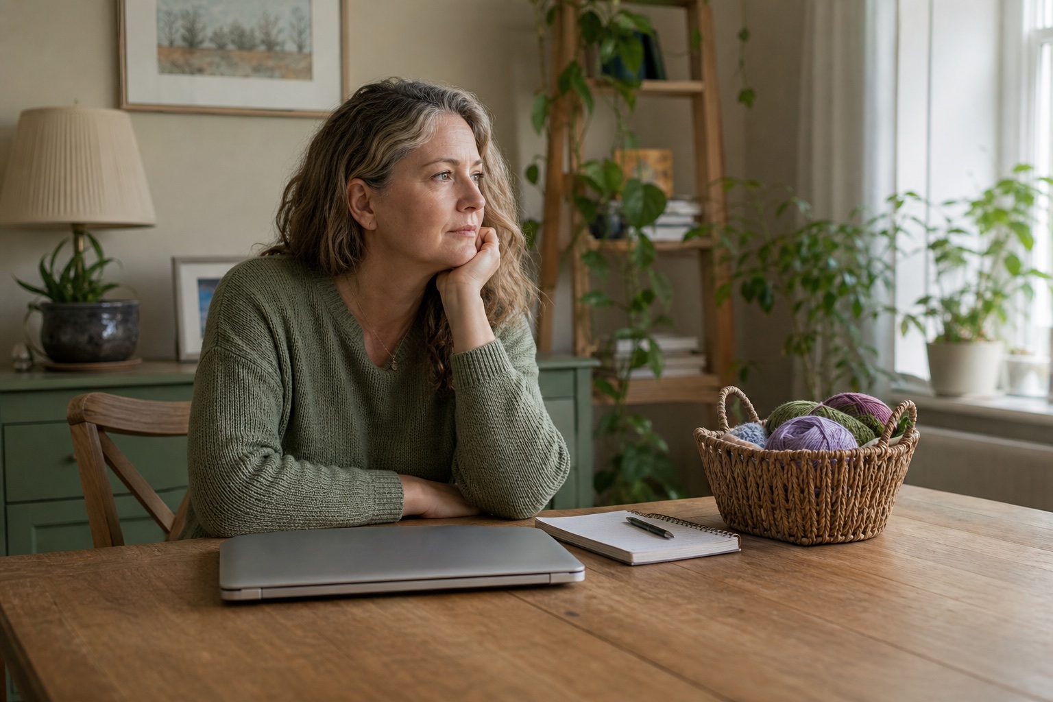 A woman feeling flat and unable to begin work while a favorite hobby sits nearby