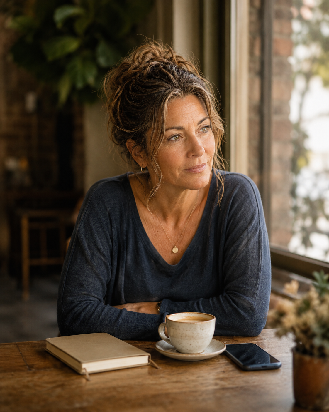Lauren sitting in a quiet café with coffee and a notebook, looking out the window while experiencing ADHD brain fog in midlife.
