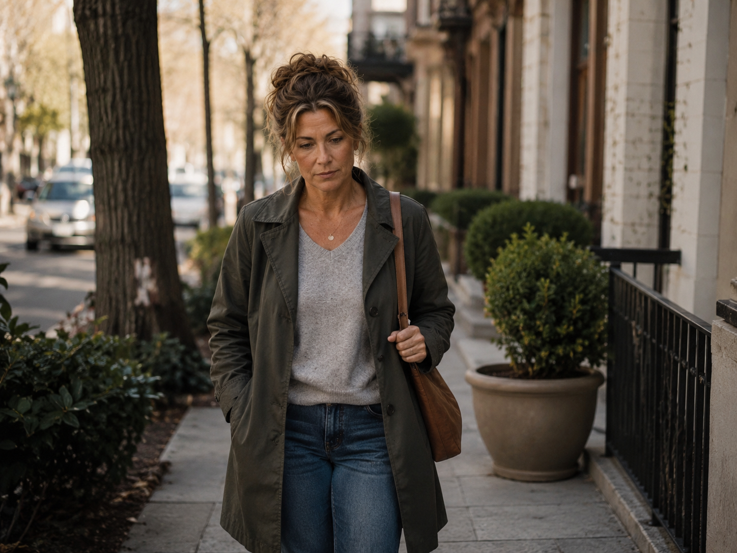 Lauren walking alone on a quiet tree-lined street, looking reflective and tired during a low-capacity ADHD day in her 40s.