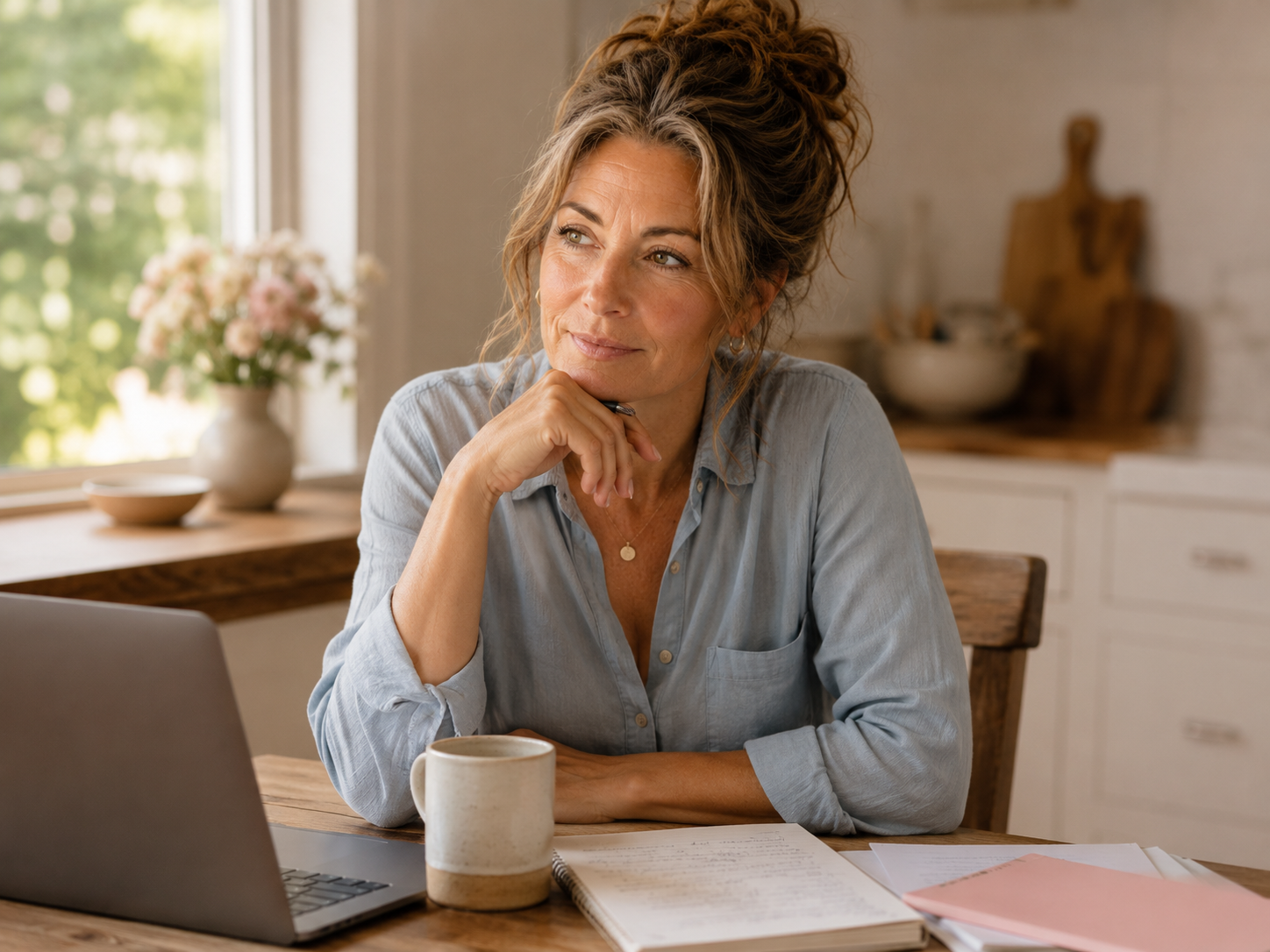 Lauren sitting at a desk with a planner, laptop, sticky notes, and coffee, representing broken routines and ADHD overwhelm in midlife.