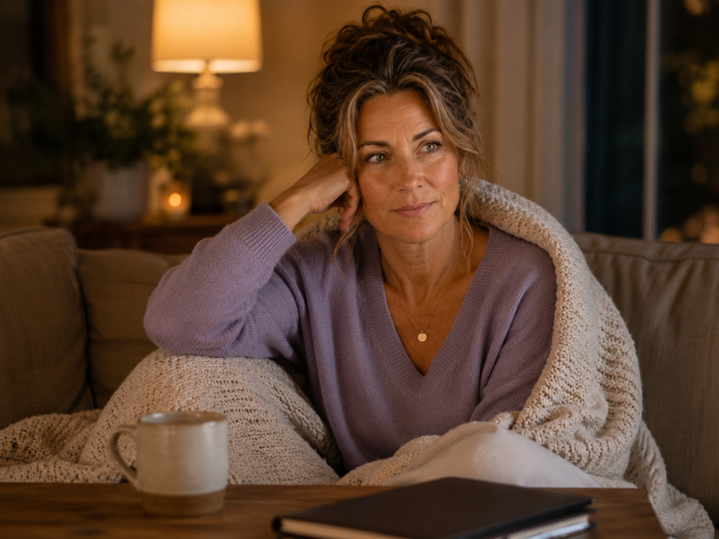 Lauren sitting on a couch in the evening wrapped in a blanket, showing quiet exhaustion and emotional depletion in midlife ADHD.