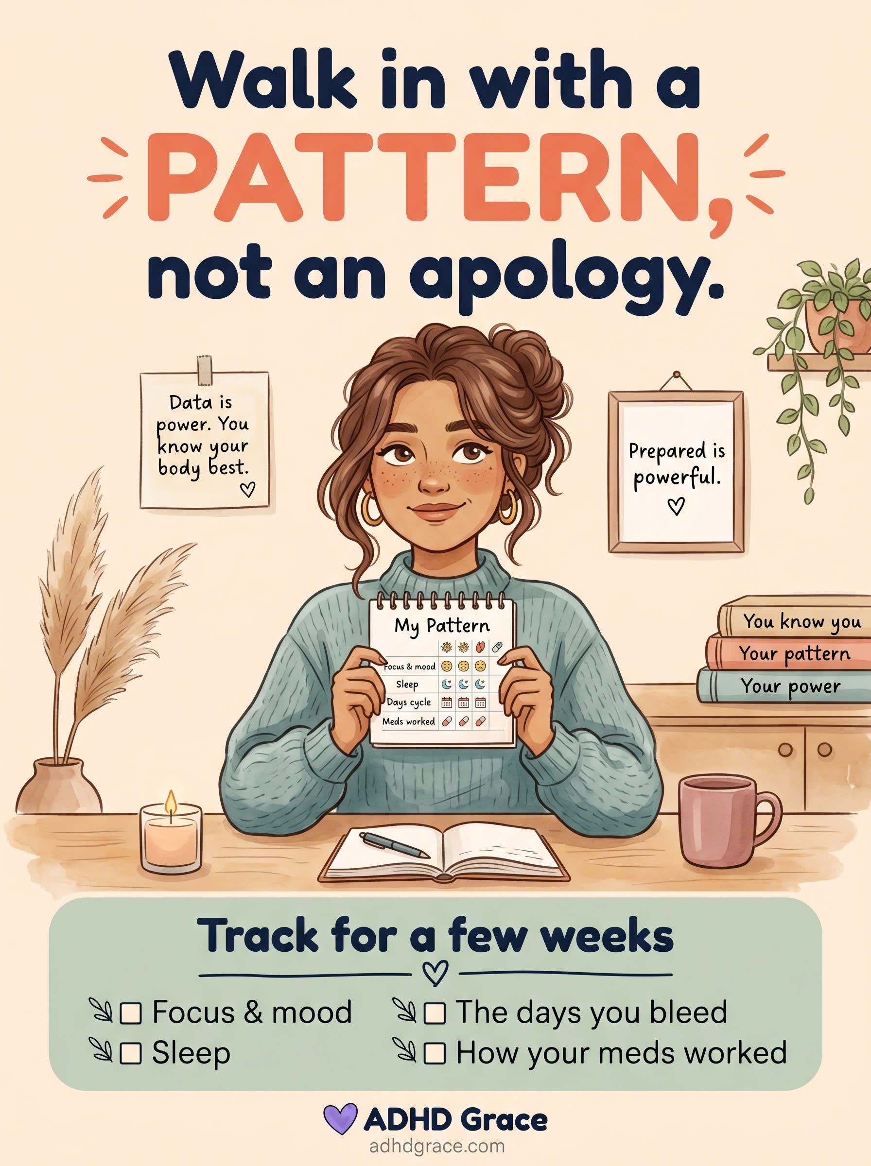 Illustration of a woman with a notebook tracking focus, sleep, cycle and medication to take to her doctor
