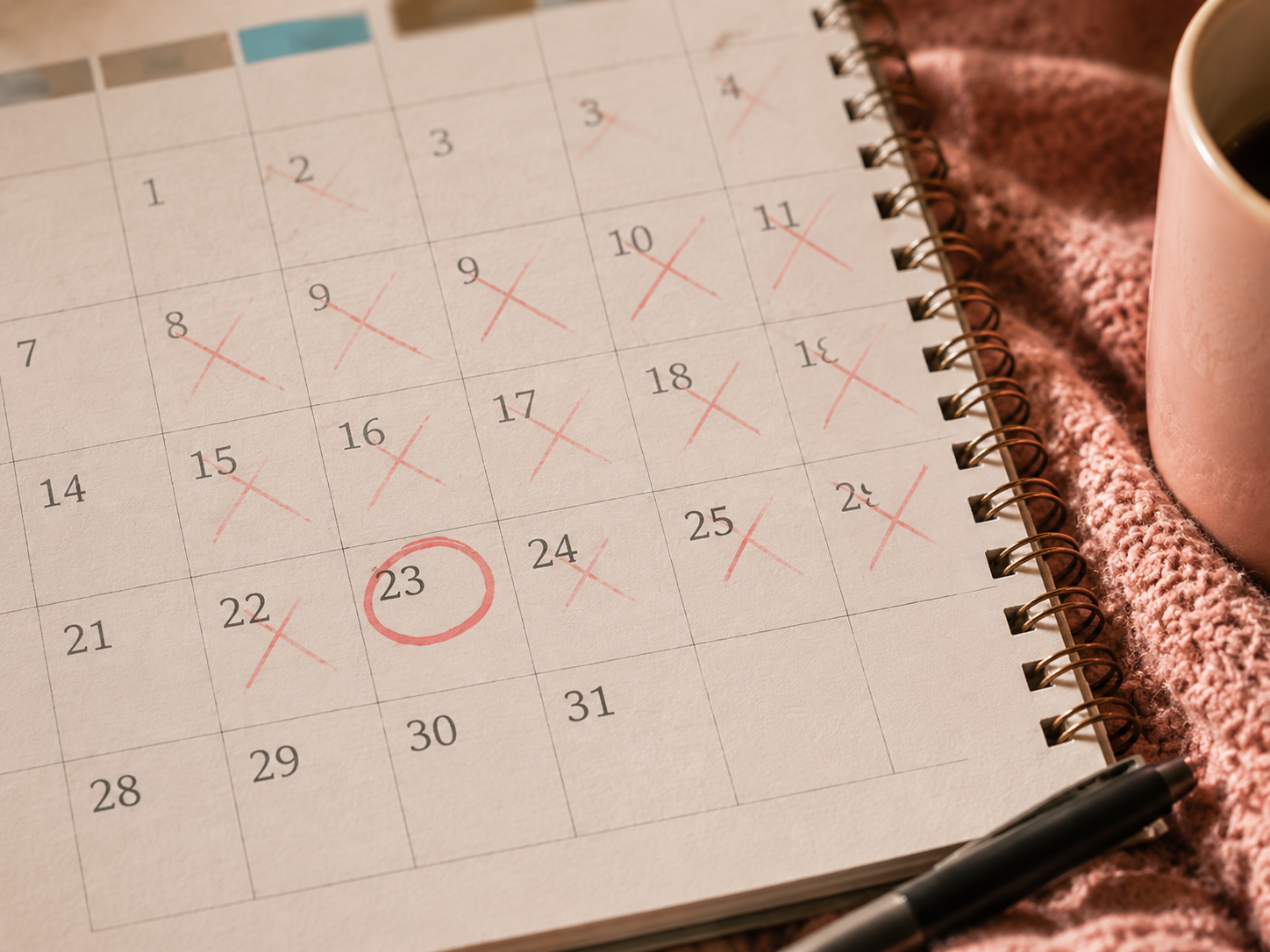 A calendar with missed days marked, representing how broken streaks can trigger shame and avoidance for ADHD brains.