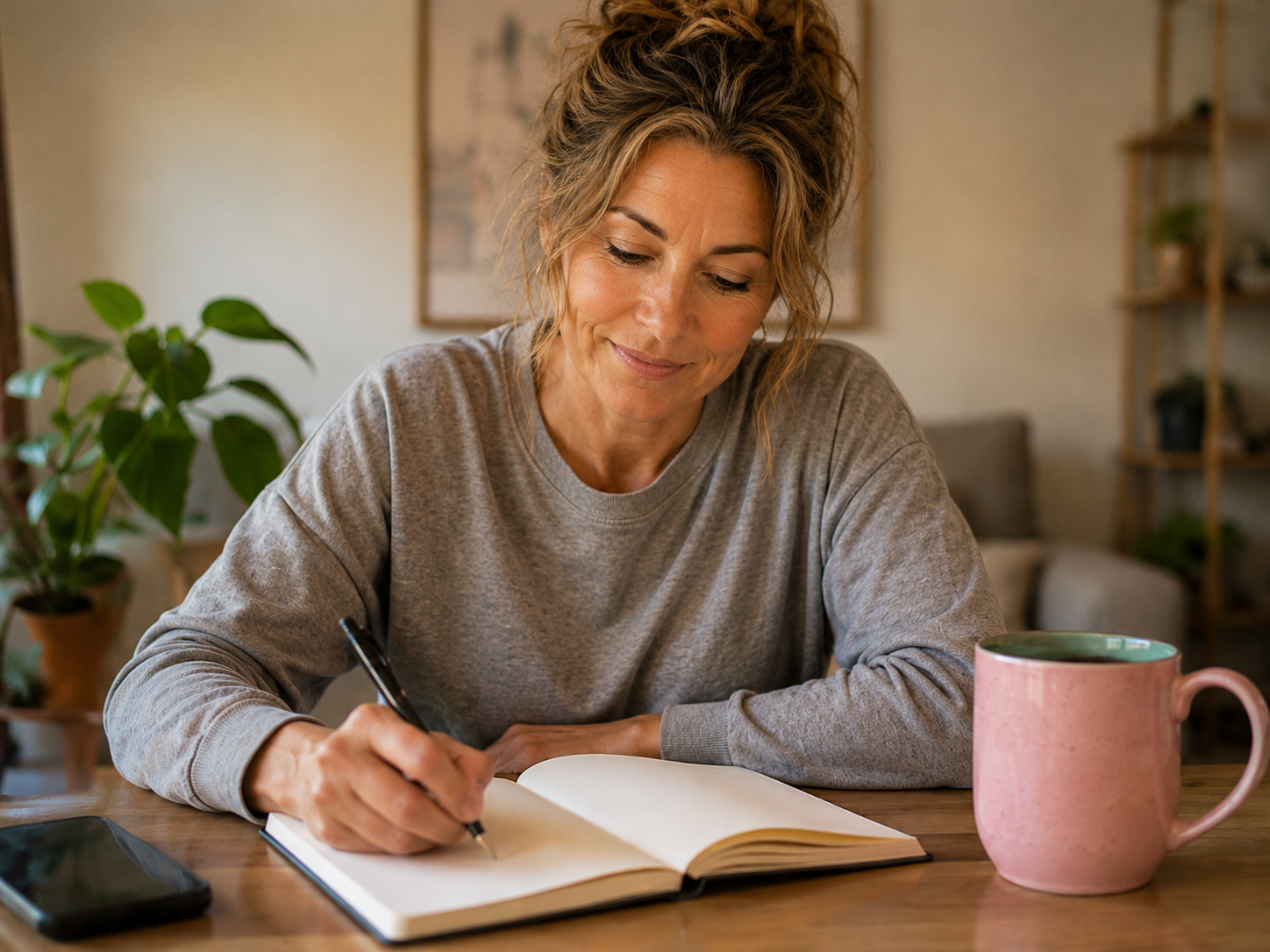 Lauren writing one small thing in a notebook, representing tiny wins and immediate reward for ADHD productivity.
